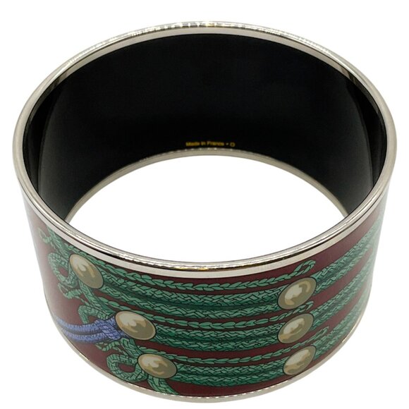 Hermes Green / Burgundy Brandenburg Cuff Enamel Extra Wide Bangle - Picture 4 of 5